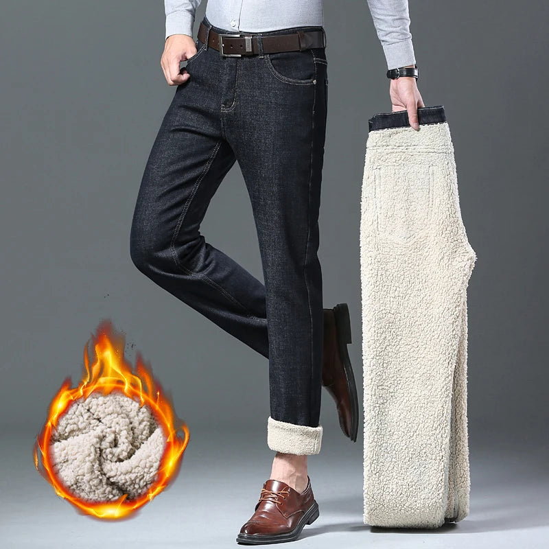 Men's Wool Velvet Jeans Winter Fleece Thickened Business Casual Straight Denim Pants Soft Cozy Thermal Stretch Trousers Male