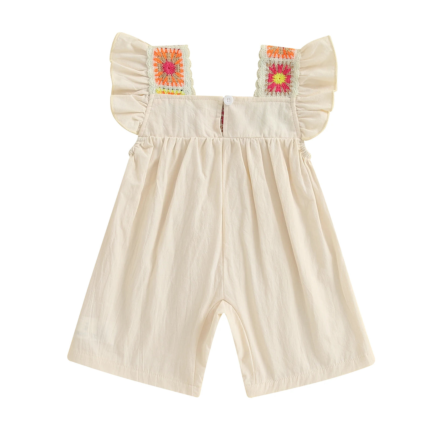 Infant Baby Girl Summer Romper Retro Ethnic Style Fly Sleeve Square Neck Floral Embroidery Wide Leg Shorts Jumpsuit Playsuit
