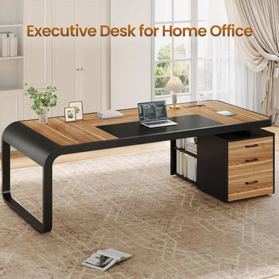 70.9" Executive Desk, Office Desk with Drawers and Lateral File Cabinet, Computer Desk with Removable Shelves and Power Outlet,
