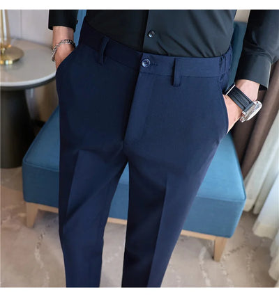 High End Elastic Waistband Suit Pants for Men Embroidered Business Casual Pants Solid Colror Versatile Social Office Trousers
