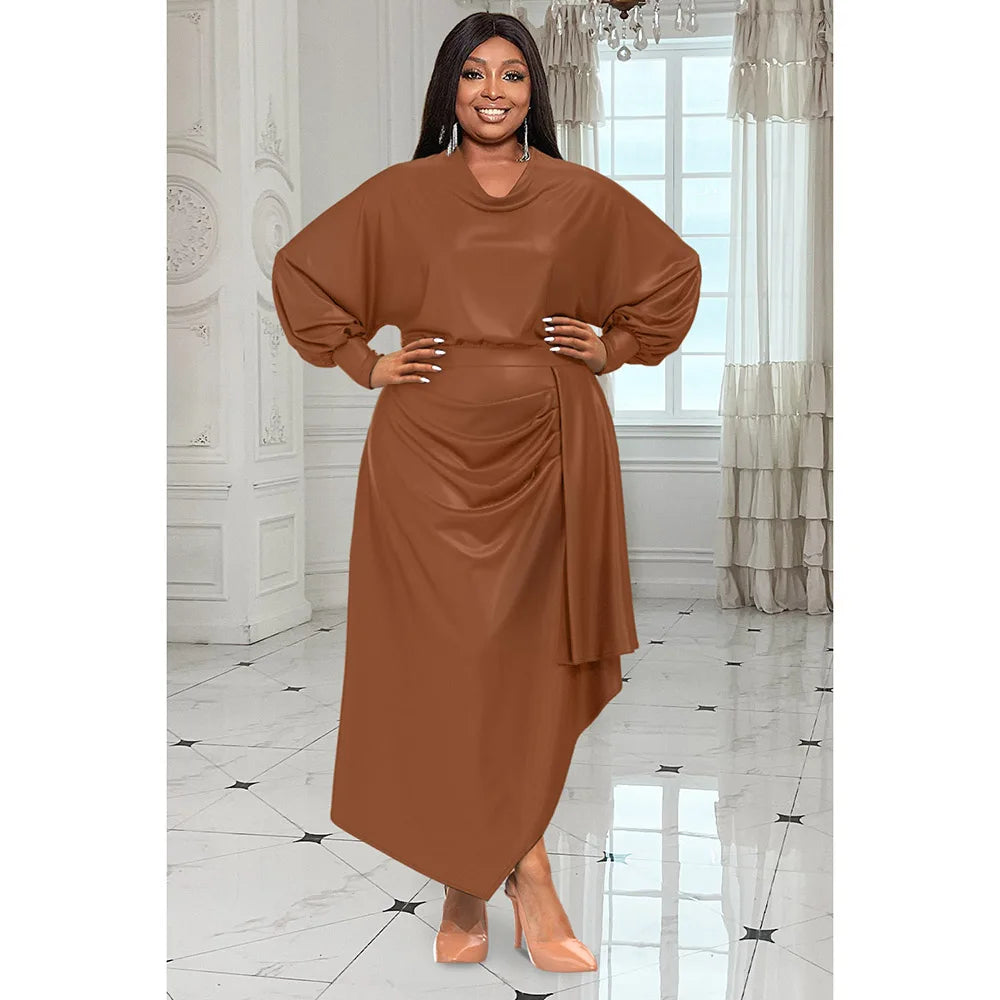 Plus Size Women's Everyday Dress Brown V Neck Long Sleeve Irregular Spring and Summer Satin Cinched Waist Maxi Dress