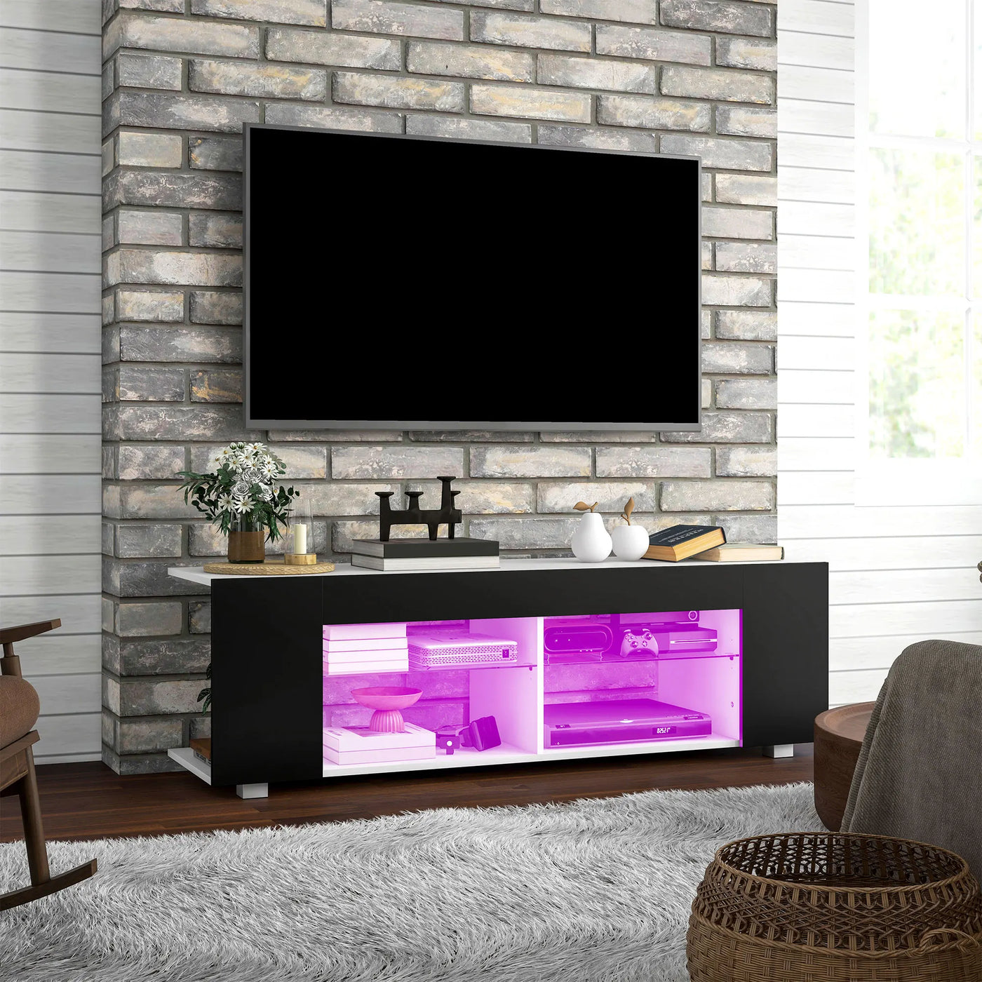 TV Stand 145cm TV Unit with Glass Shelves RGB LED Light for 60"TV Black