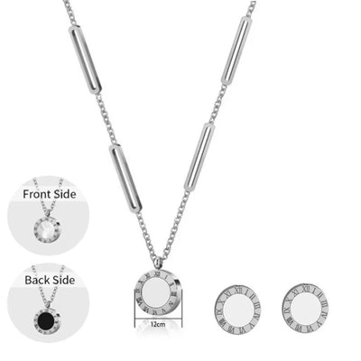 3pcs Trendy Stainless Steel Roman Digital Wafer Earrings Necklace Set for Women Black White Shells Party Jewelry