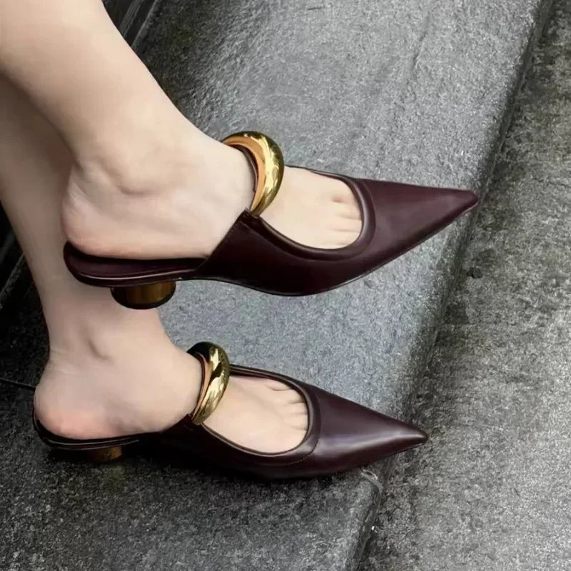 Punk Gothic Metal Buckle Low Heels Sandals Women 2025 New Pointed Toe Thick Heeled Summer Slippers Woman Platform Muller Shoes