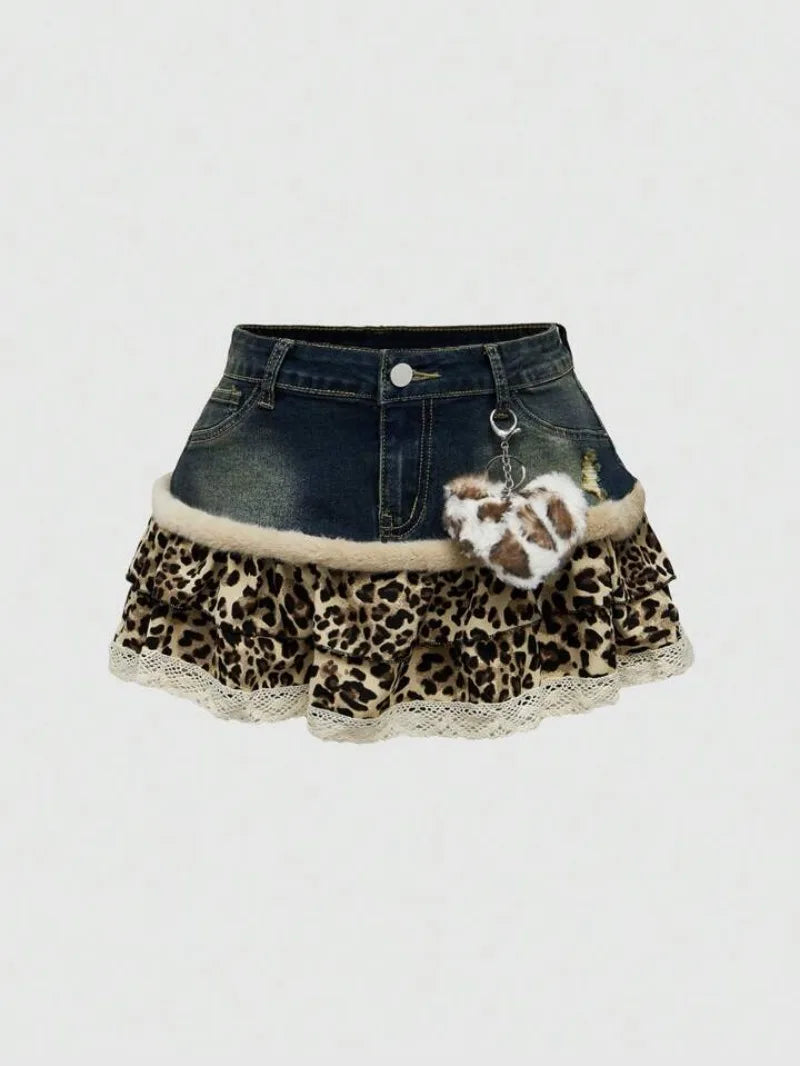 Harajuku Subculture Denim Leopard Print Splicing Y2k Skirt Kawaii Gothic Mini Pleated Skirt Casual Retro Streetwear Skirts Women