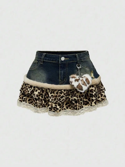 Harajuku Subculture Denim Leopard Print Splicing Y2k Skirt Kawaii Gothic Mini Pleated Skirt Casual Retro Streetwear Skirts Women
