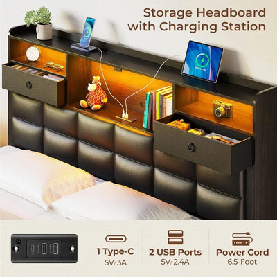 Bed Frame Queen Size with Drawers and Charging Station,Metal Frame,Upholstered Platform Bed with Storage Headboard and LED Light
