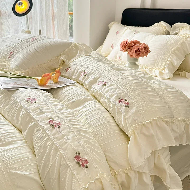 2025 Korean Princess Style Lace Ruffles Wedding Bedding Set Washed Cotton Soft Duvet Cover Set Bed Sheet Pillowcase 3/4Pcs