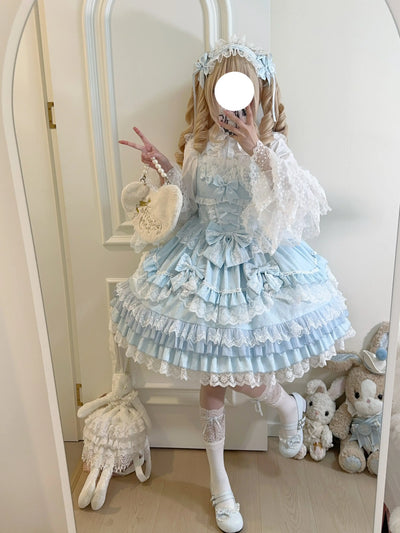 Original Lolita Dress Set Doll Feeling Girl Women's Sweet Jsk Suspender Dress Princess Fairy Lace Bow Sling Cake Dresses