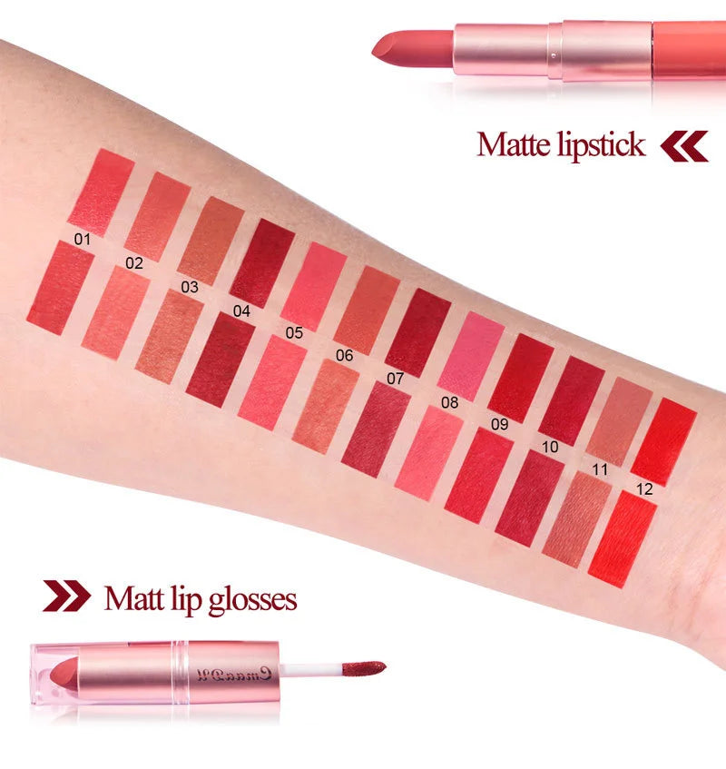 2 In 1 Double-ended Lipstick Lip Liner Pen Matte Pigment Non-stick Cup Skin Color 24H Lasting Waterproof Makeup Beauty Cosmetics