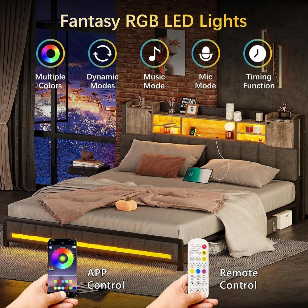 Queen Bed Frame with Storage Bookcase Headboard & LED Lights, Upholstered Bed Frame Queen Size with USB Charging Station, Heavy
