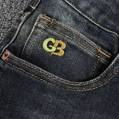 Vintage wash blue to do old simple embroidered jeans men fit small straight leg American trend personality youth pants