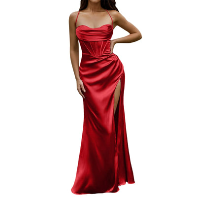 Green Women's Dress Lace Up Backless High Slit Corset Maxi Dress Elegant Vestidos Slim Fishbone Formal Dresses For Wedding Guest