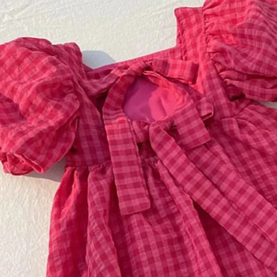 Summer Rose Pink Plaid Bow Dress Elegant Lolita Child Girls Dress Children Dresses Teens Party Princess Sundress Kids Clothes