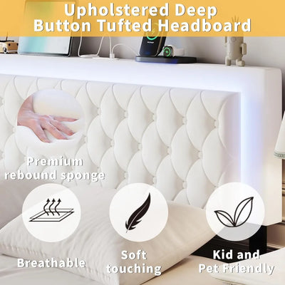 Queen Size Bed Frame with Storage, LED Bed Frame Queen with Adjustable Headboard, Upholstered Velvet Platform Queen Bed Frames