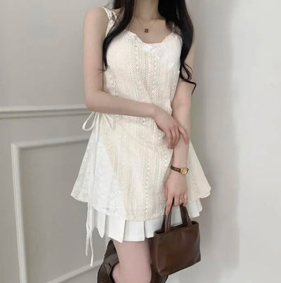 Hot Girl Korean Style Drawstring Lace-up Waist Lace Short Suspender Dresses + White Inner Wear Bottoming Sling Top Two-piece Set