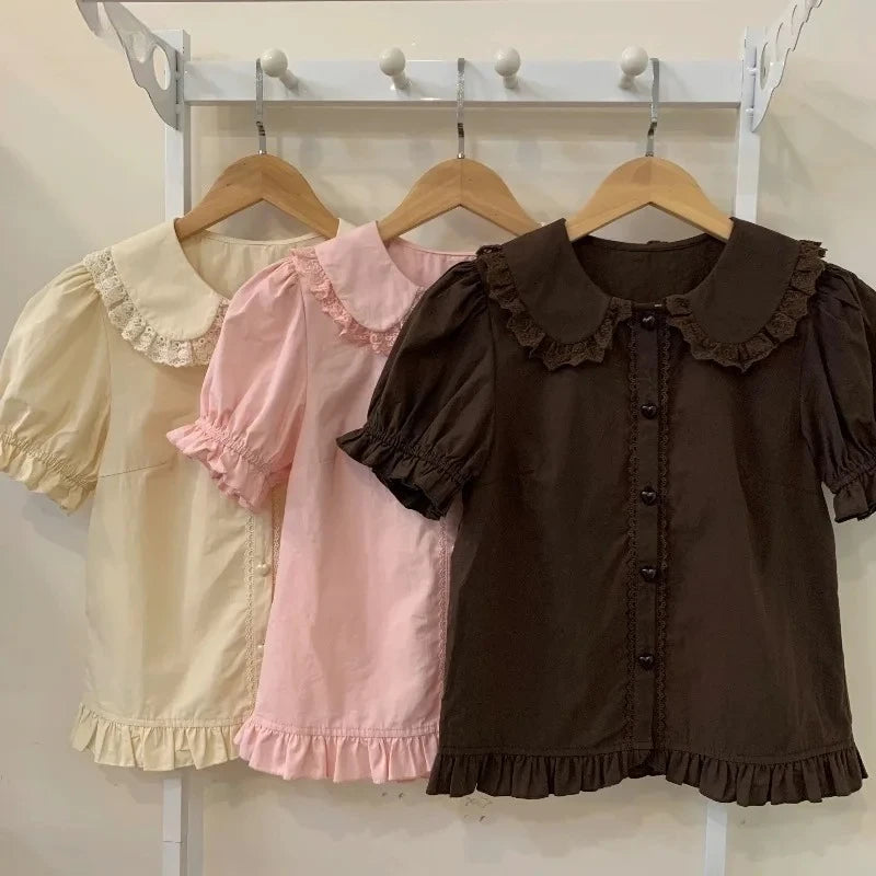 Puff Short Sleeve Lace Ruffles Blouse