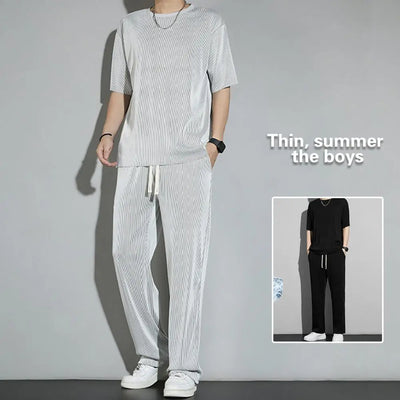 1 Set New Men Summer T-shirt Pants Sports Set men's fitness pants shirt running yoga Fashionable Casual Sports Trousers