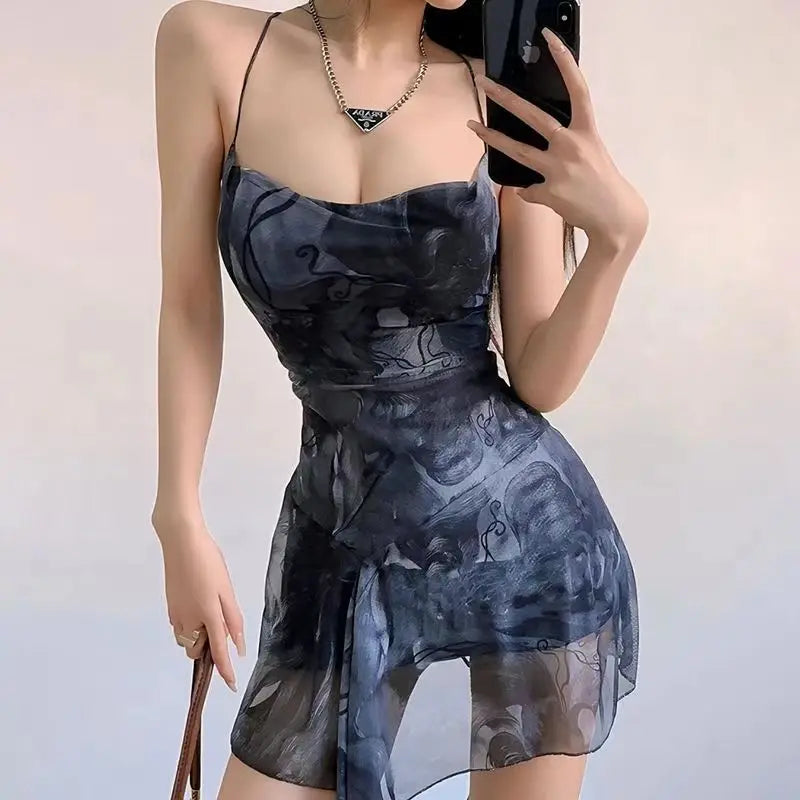 Women Print Mesh Mini Dress Streetwear Chic Sexy Backless Sleeveless Lace Up Cross Dresses A-line Vintage Holiday Y2k Clothing