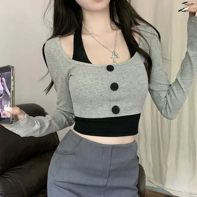 Women's Top Halter Vest 2 Piece Sets U Neck Long Sleeve Crop Tops Babes Korean Style Chic Short T-shirt Ladies Gothic Y2k Tees