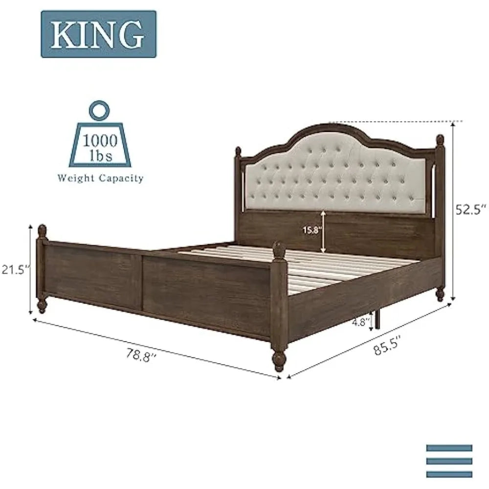 King Size Wood Bed Frame with Upholstered Headboard, Solid Wood Platform Bed with Linen Tufted, No Box Spring Needed