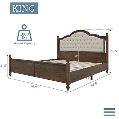 King Size Wood Bed Frame with Upholstered Headboard, Solid Wood Platform Bed with Linen Tufted, No Box Spring Needed