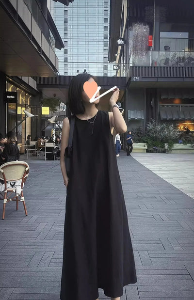 Hebe Style French Sleeveless Hollow out Vest Unique Elegant Black Summer Long Dress Women Backless Dress round Neck Ankle-length