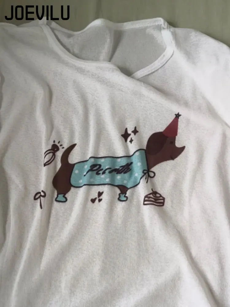 Women's Summer White Sheer Dachshund Print Loose Slim-Fit Long Sleeve T-Shirt Sun Protection Cover-Up Sweet Sexy Casual Lazy Top