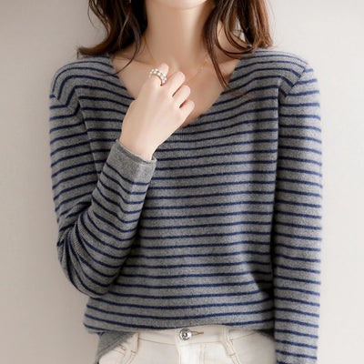 New Striped V-neck Sweater Women's All-Match Loose Sweater Fall Winter Fashion Bottoming Shirt Inner Wear Blouse