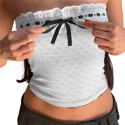 Xingqing y2k Off Shoulder Top Women Fairy Grunge Clothes Summer Sleeveless Lace Trim Patchwork Strapless Tshirt 2000s Streetwear