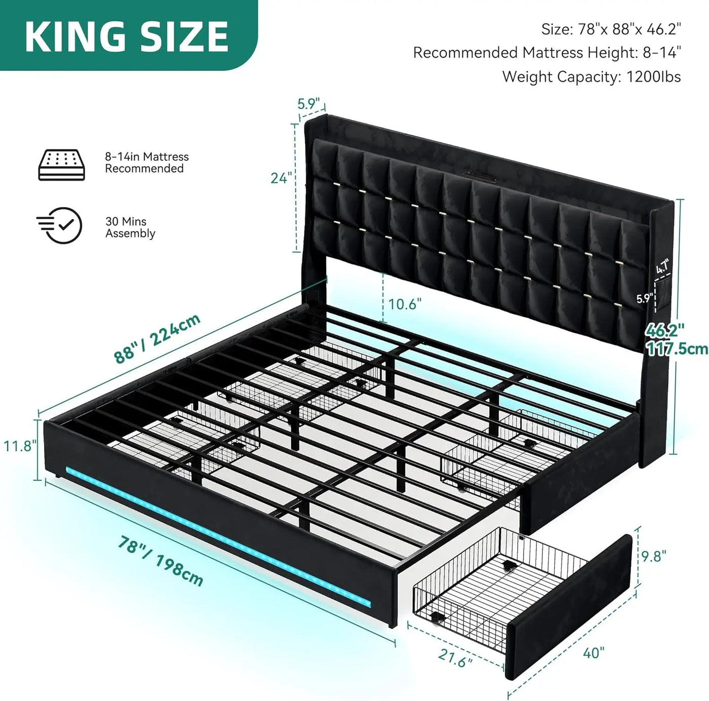 LED Lights with 4 Drawers , Queen/king Bed Frame Velvet Upholstered Platform Bed, No Box Spring Needed, Easy Assembly