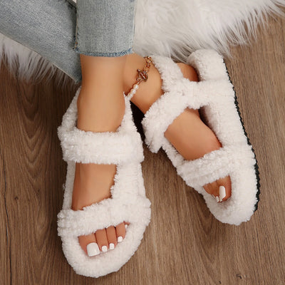 Lightweight Comfortable Sandals Woman Winter Warm Plush Sandals Ladies Brand Design Thick Sole Teddy Fur Outdoor Slipper Shoes