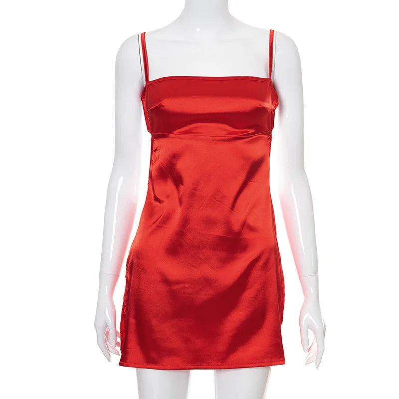New Summer Sexy Backless Bodycon Satin Mini Dress Women Sleeveless Streetwear Strap Dress Party Club Elegant Y2k Clothes Dresses