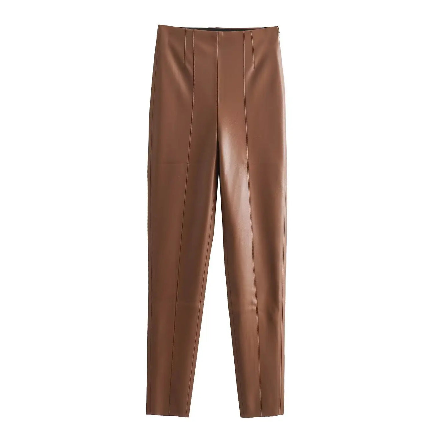 TRAFZA 2024 Women's Faux Leather Pants High Waist Straight Leg Trousers Fashion Female Streetwear Stylish Stretch Pencil Pants