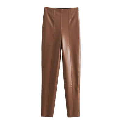 TRAFZA 2024 Women's Faux Leather Pants High Waist Straight Leg Trousers Fashion Female Streetwear Stylish Stretch Pencil Pants