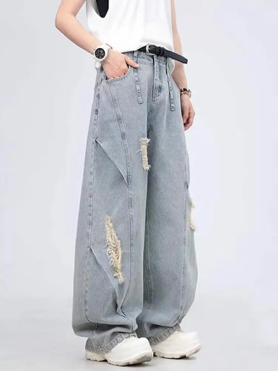 American Retro Washing Scimitar Jeans Men's High Street Vibe Ripped Design Wide-leg Trousers Handsome Casual Pants Jeans for Man
