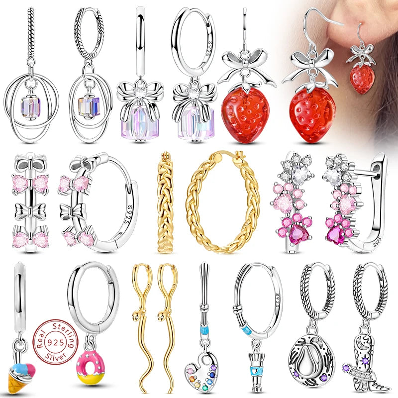 New 925 Sterling Silver Hoop Earrings Heart Bow Gift Box Strawberry Snake Bone Drop Stud Earrings For Women Fashion Jewelry Gift