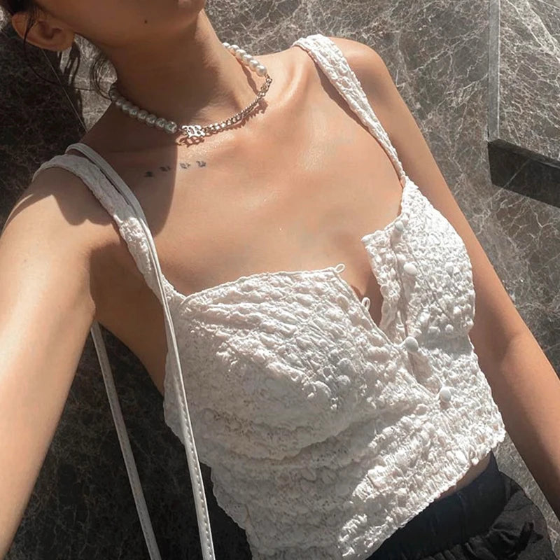 Y2k Tops for Women Solid Color Buttons Double Spaghetti Strap Sleeveless Tanks 2000s Coquette Clothing Streetwear