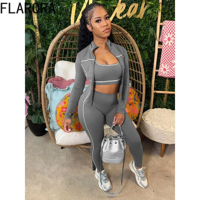 FLARORA Casual Sporty Three Piece Sets Woman Stripe Patchwork Sleeveless Vest+Jacket+Pant Outfits Female Yoga Fitness Tracksuits