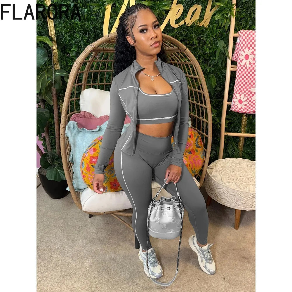 FLARORA Casual Sporty Three Piece Sets Woman Stripe Patchwork Sleeveless Vest+Jacket+Pant Outfits Female Yoga Fitness Tracksuits