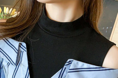 Fake Two Pieces Chiffon Silk Blouse for Women Off Shoulder Top Cool Blue Stripe Cotton Satin Shirt Woman Particular Trends Youth