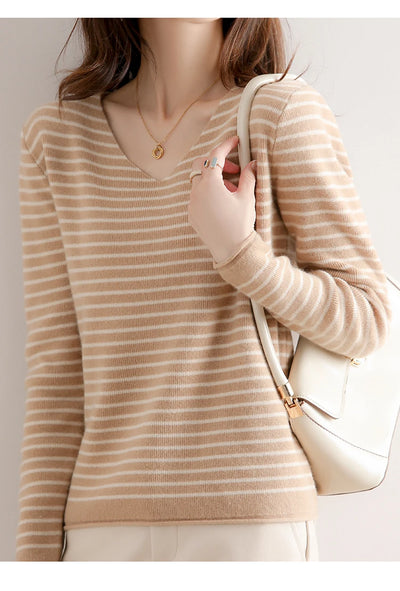 New Striped V-neck Sweater Women's All-Match Loose Sweater Fall Winter Fashion Bottoming Shirt Inner Wear Blouse