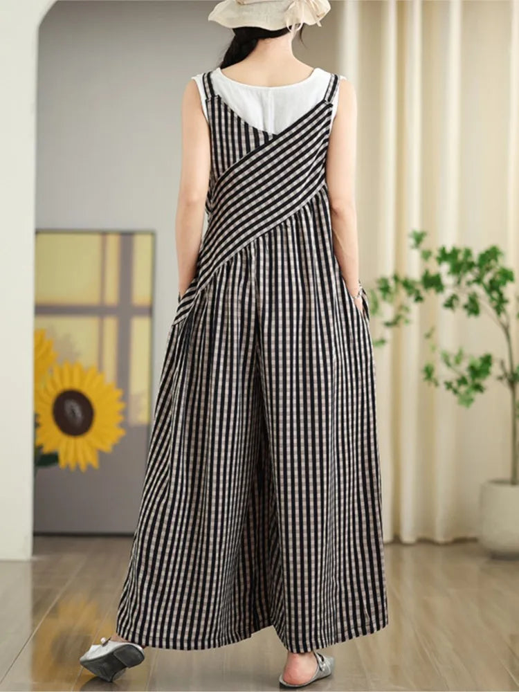 Oversized Summer Plaid Print Jumpsuit Women Wide Leg Loose Pleated Fashion Ladies Jumpsuits V-Neck Sleeveless Woman Jumpsuits