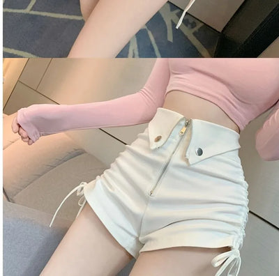 Women's High Waist White Shorts  Summer Spice Girls Drawstring A-line Short Hot Pants  Trendy Lace Up Zip Up Button Down Shorts