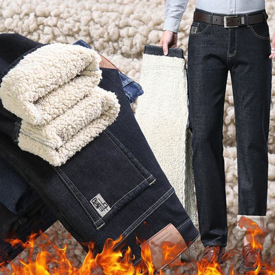 Men's Wool Velvet Jeans Winter Fleece Thickened Business Casual Straight Denim Pants Soft Cozy Thermal Stretch Trousers Male