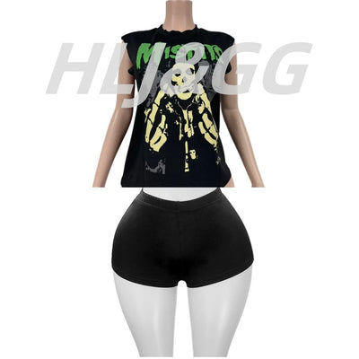HLJ&GG Fashion Street Letter Print Tshirts Two Piece Sets Women O Neck Sleeveless Top And Shorts Outfits Y2K Female Streetwear