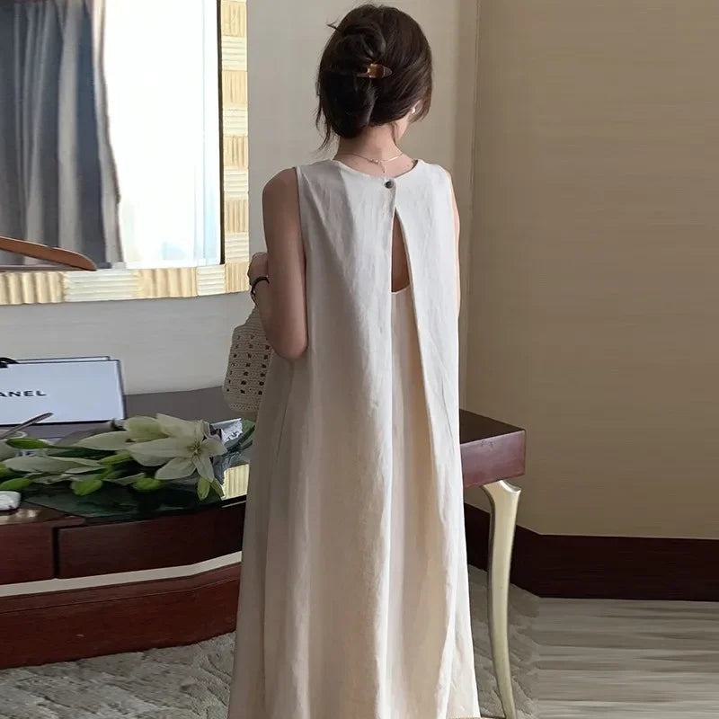 Hebe Style French Sleeveless Hollow out Vest Unique Elegant Black Summer Long Dress Women Backless Dress round Neck Ankle-length