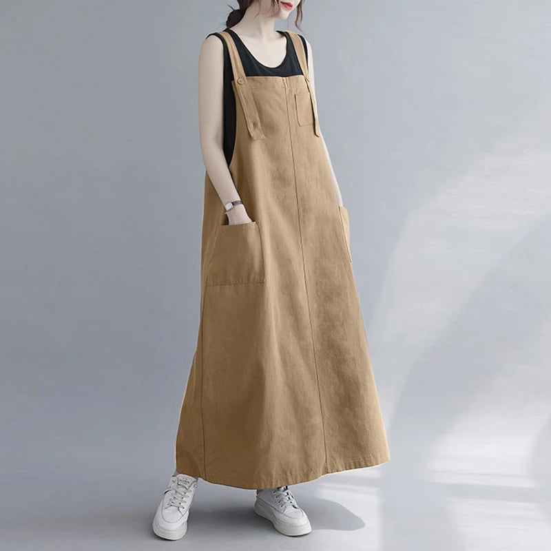 Women Sleeveless Maxi Dress Fashion Workwear Pockets Vestidos 2023 Summer Adjustable Shoulder Straps Dresses Streetwear
