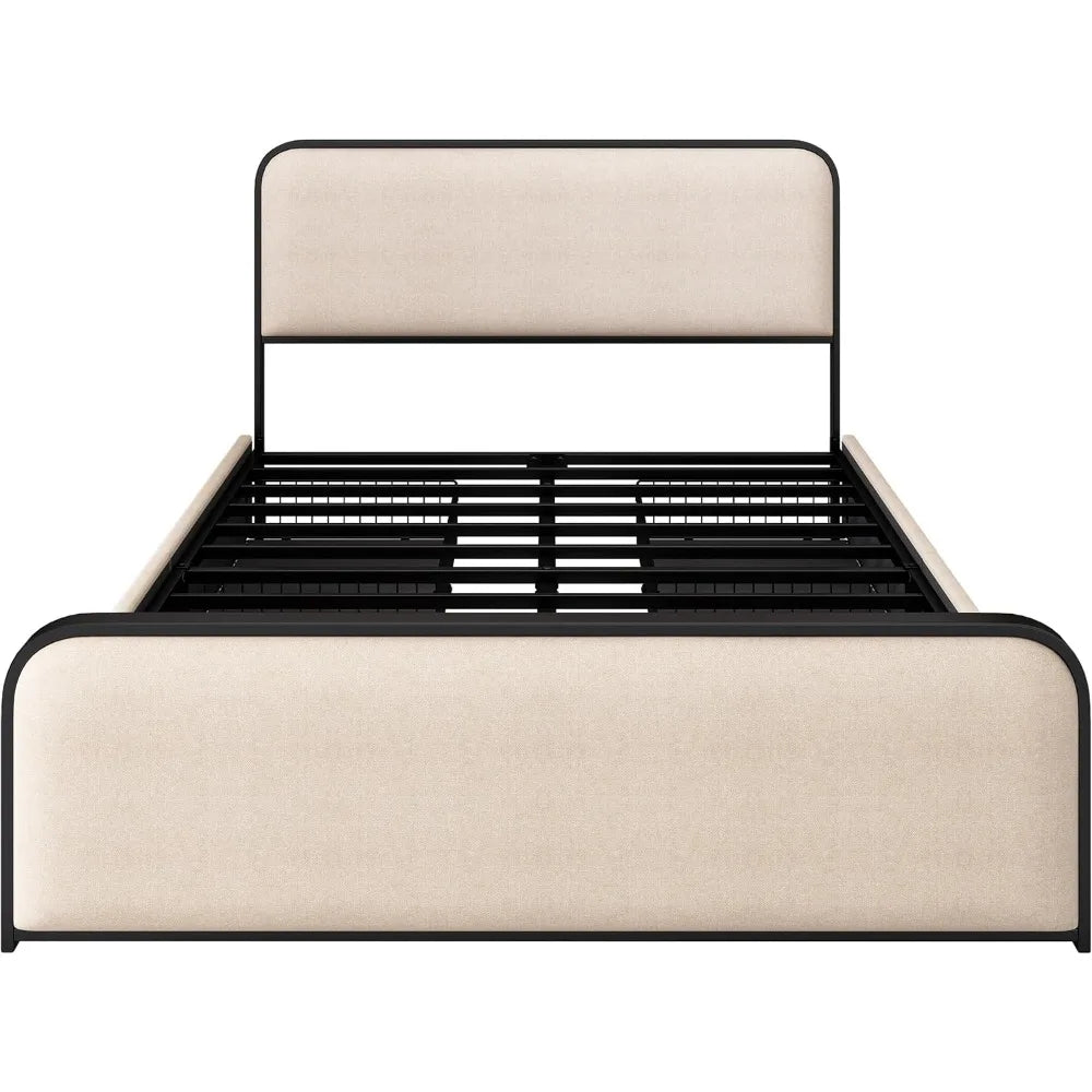 King Size Linen Curved Upholstered Headboard Footboard Bed, Metal Platform Bed Frame with 4 Storage Drawers, Heavy Duty Metal