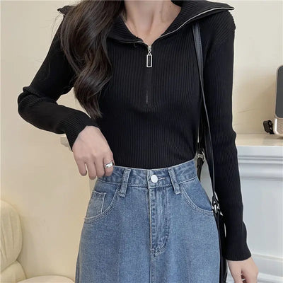 Zip Half Open Collar Knitted Sweater Spring and Autumn Long Sleeve Slim Bottom Shirt Women's Chic Top Pullover Y2k Korean Pulls